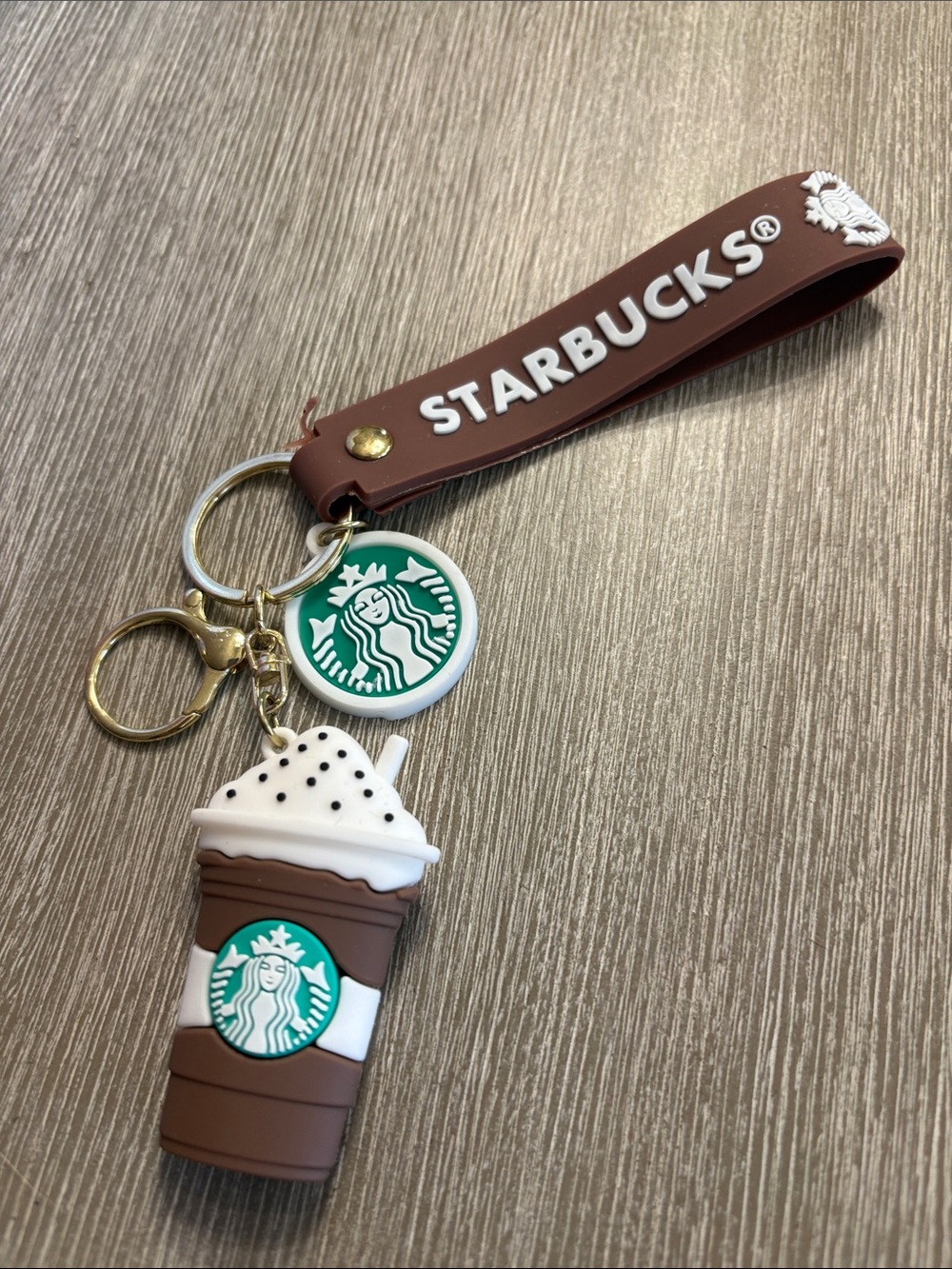 Starbucks Brown Silicone Wrist Keychain with Cup & Logo Charms